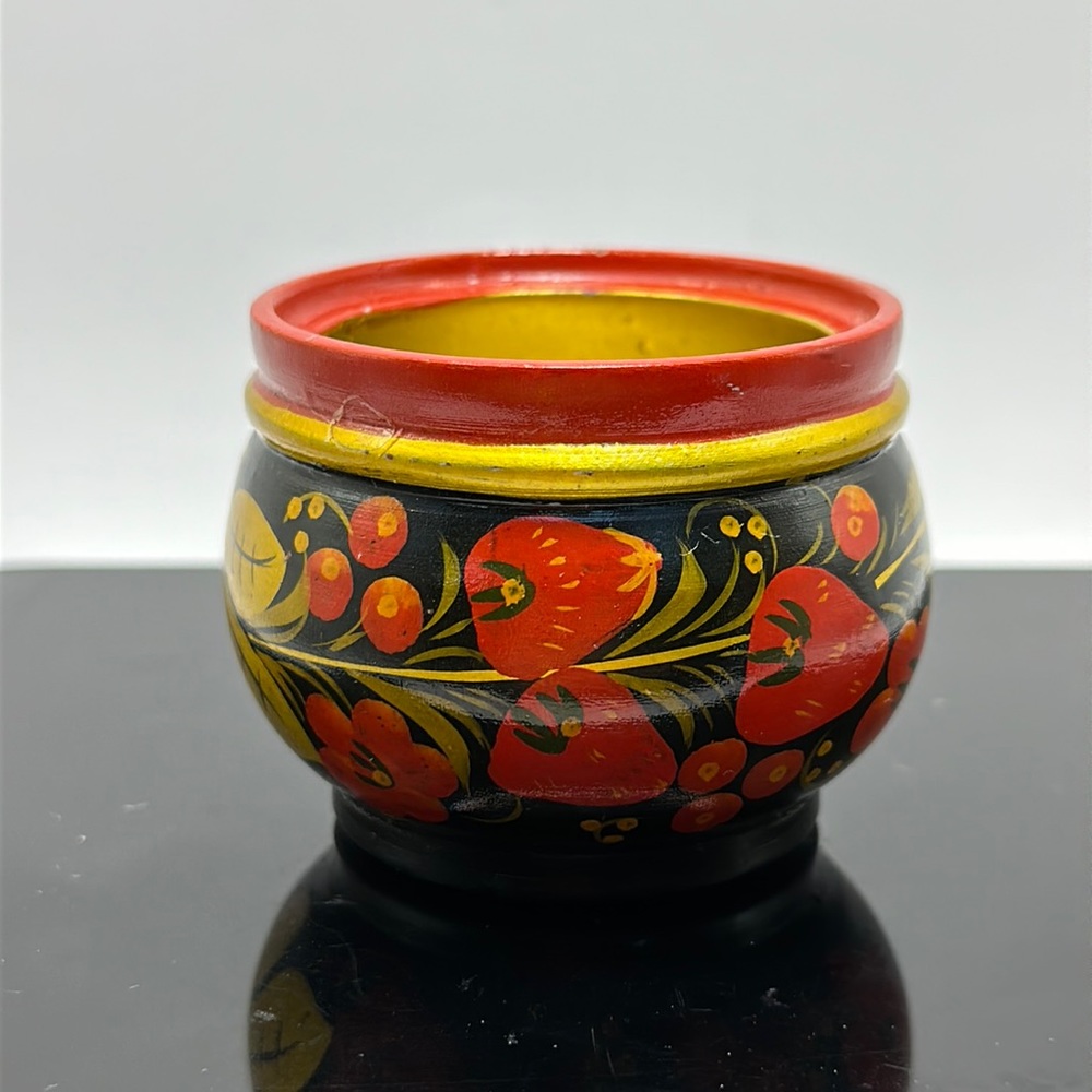 Vintage Soviet Russian Hand Painted Wood Khokhloma Folk Art Cup Bowl Trinket 2”